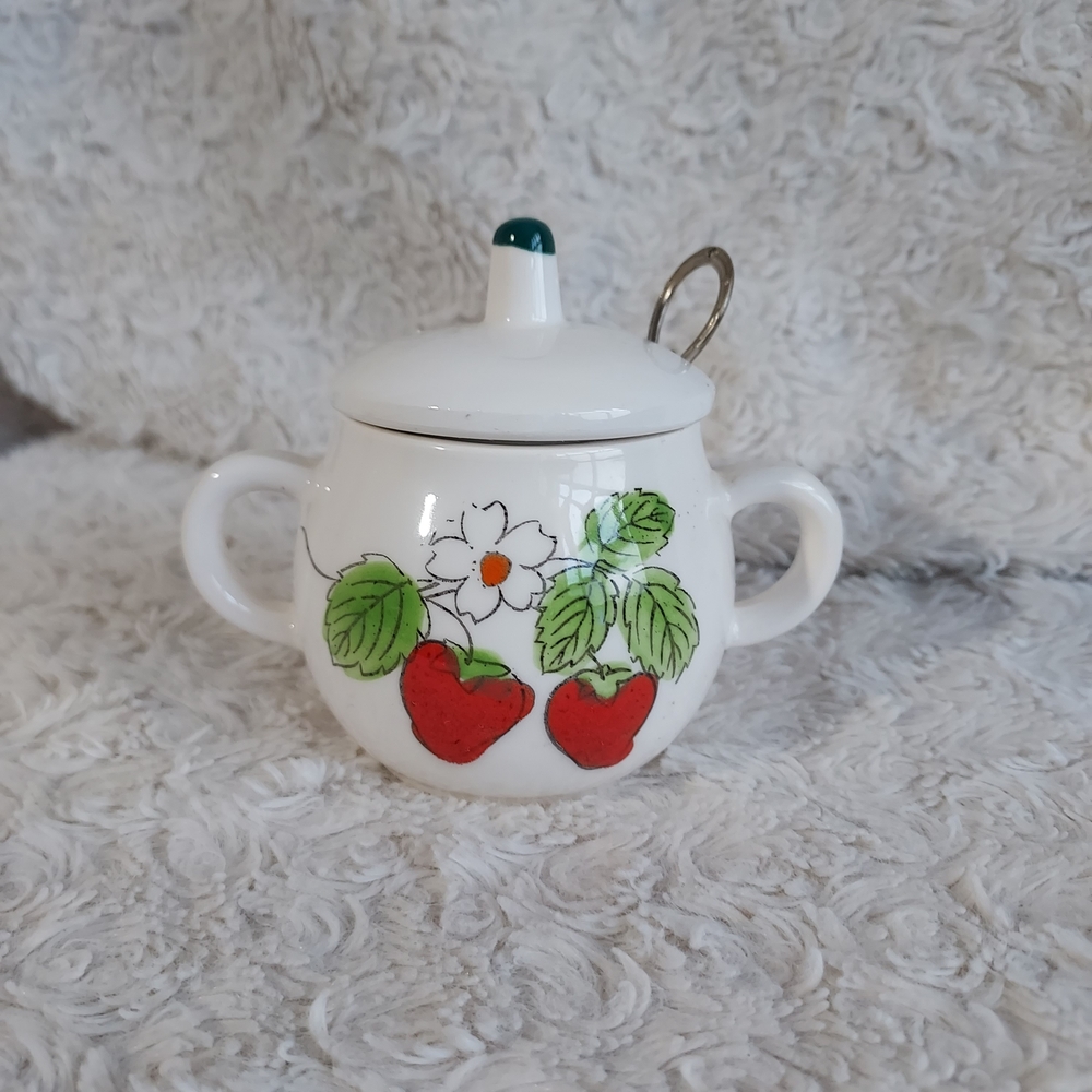 Vintage White Sugar Jam Jelly Container Bowl Strawberry Motif Farmhouse Cottage